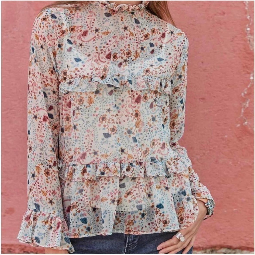 Sundance High Neck Floral Printed Celina Blouse Tiered Ruffle Semi Sheer Size S